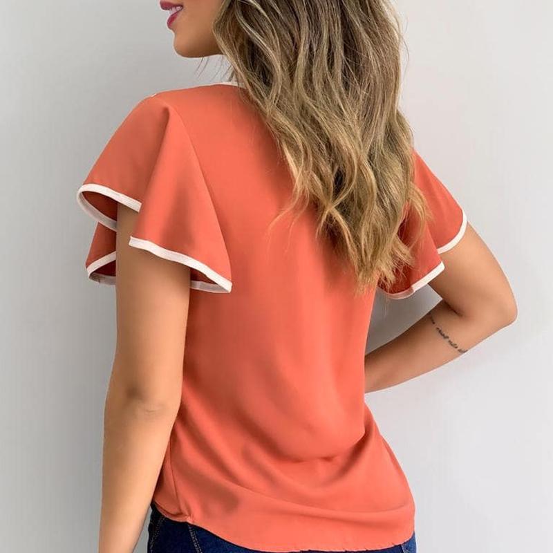 Women’s Cutout Ruffle Sleeve Contrast T-Shirt